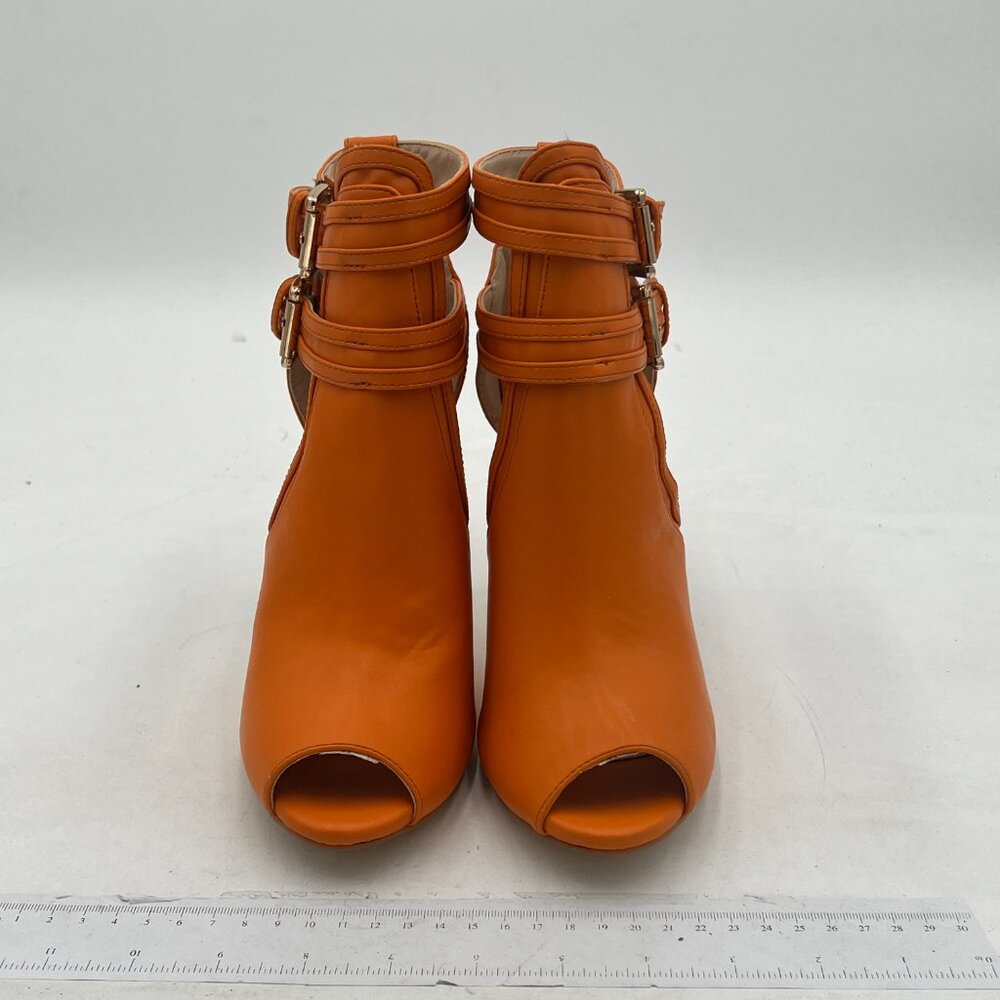 XYD Dark Orange Peep Toe Ankle Boot High Heel Buckled Double Straps Cutout Shoe - Picture 3 of 8